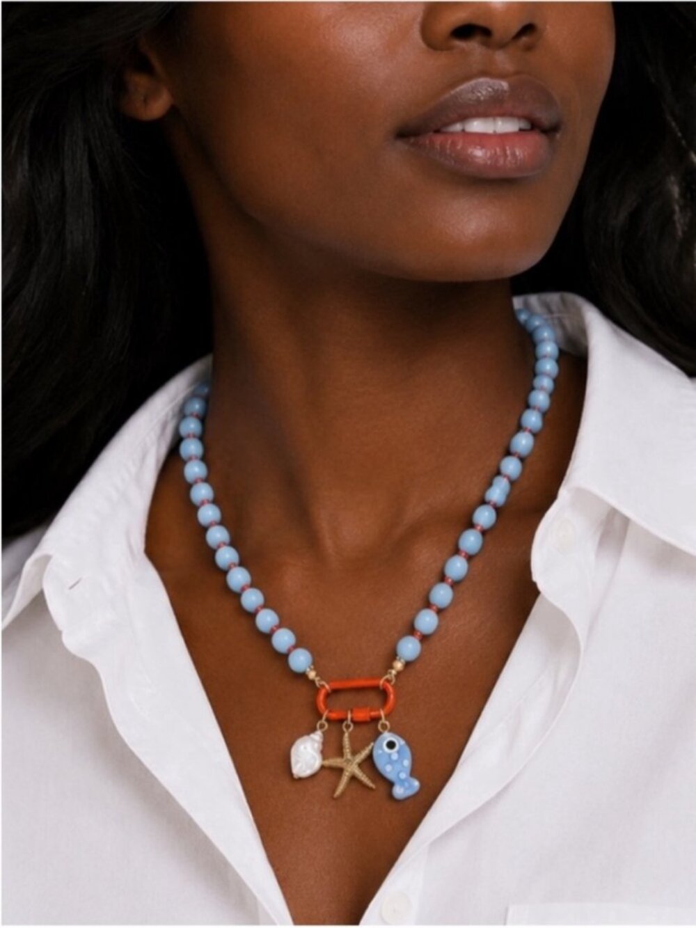 New! Coastal Preppy Blue Beaded Fish Carabiner Dopamine Necklace NWOT